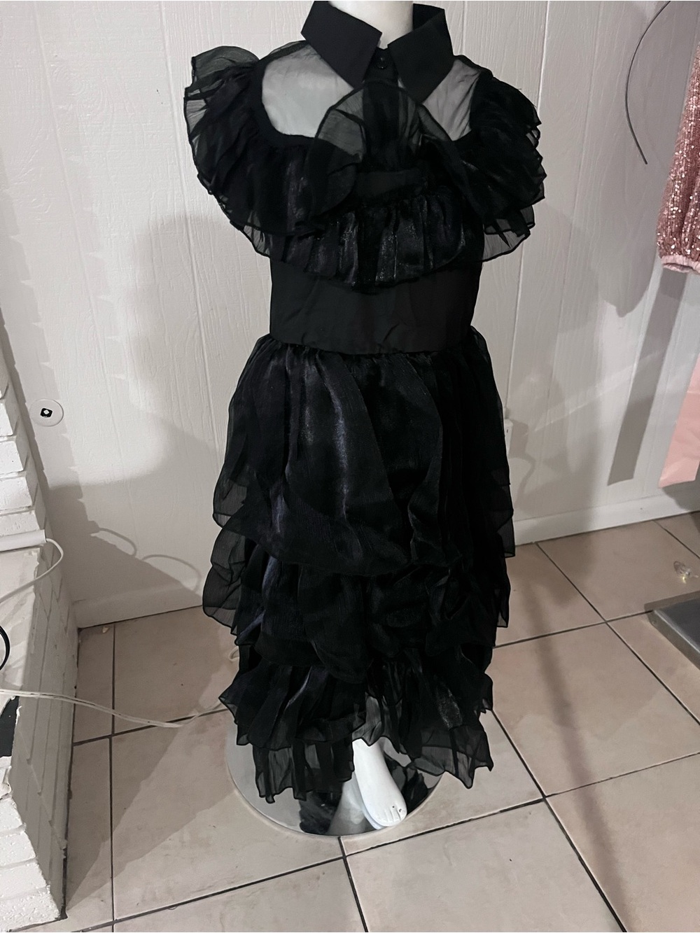 Wednesday’s Costume 
Halloween 
Black Ruffled Tiered Sheer Midi Dress